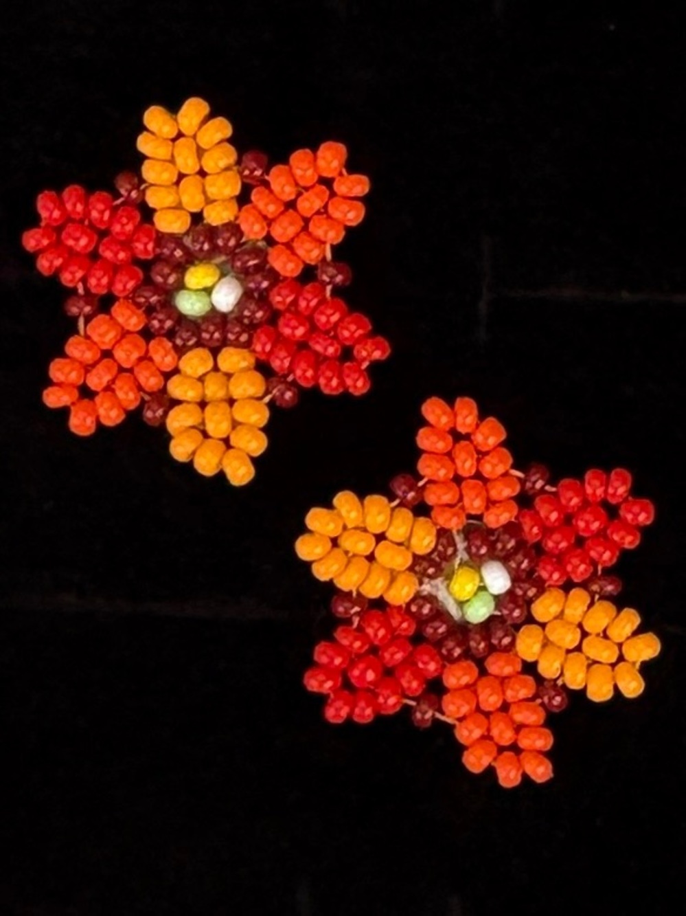 Vintage Custom Beaded Flower Pierced Earrings Red Orange Yellow